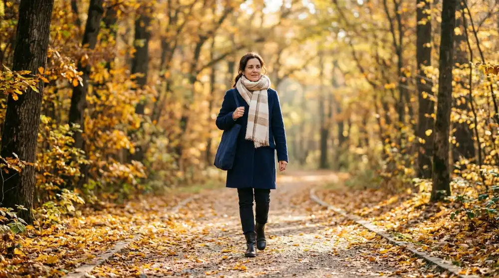 Mujer paseando por un camino de hojas doradas en otoño