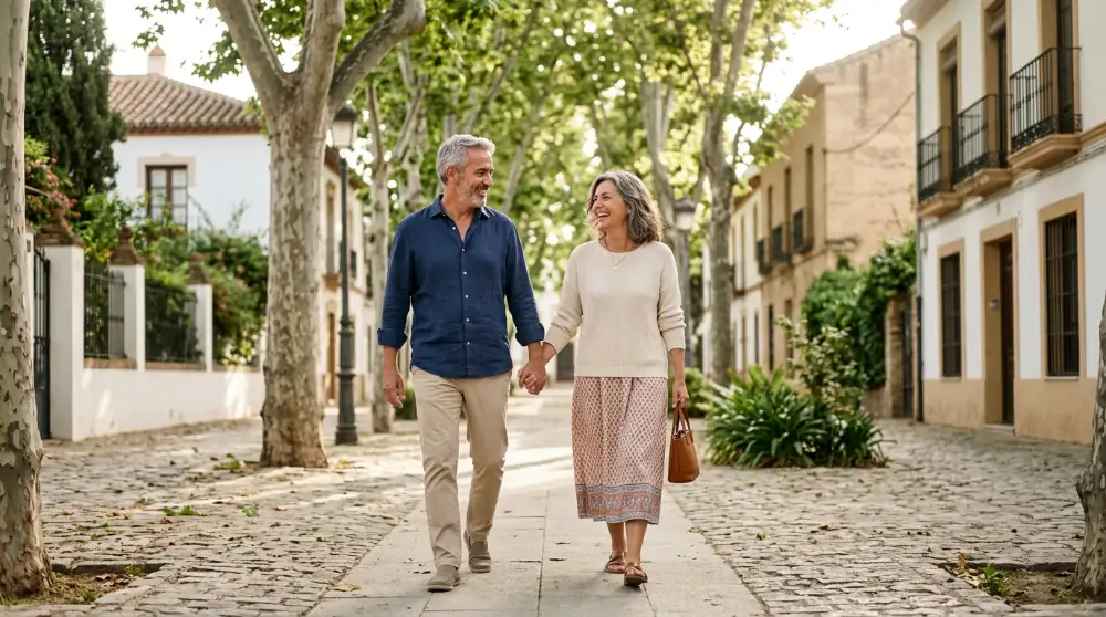 Pareja de más de 50 caminando por una calle arbolada