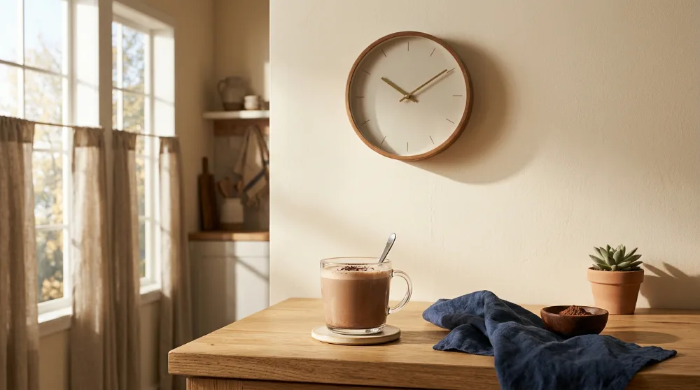 Reloj de pared sobre la encimera con un vaso de bebida de cacao por la mañana
