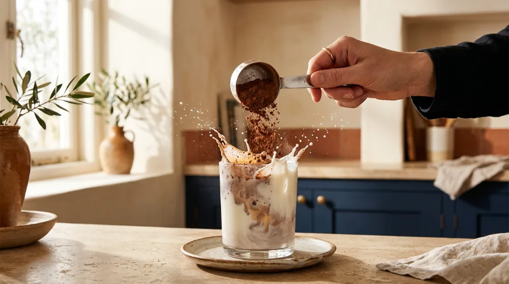 Cacito de polvo de cacao cayendo en un vaso de leche