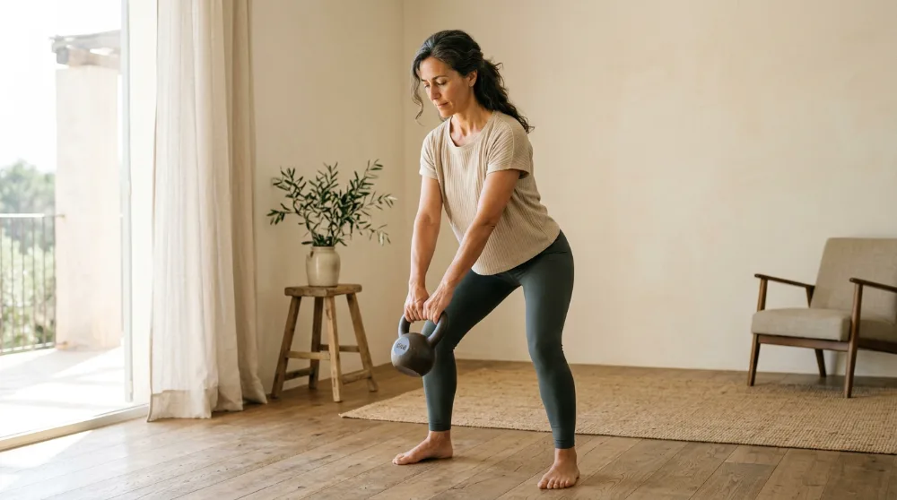 Mujer de más de 40 haciendo ejercicio con kettlebell en el salón