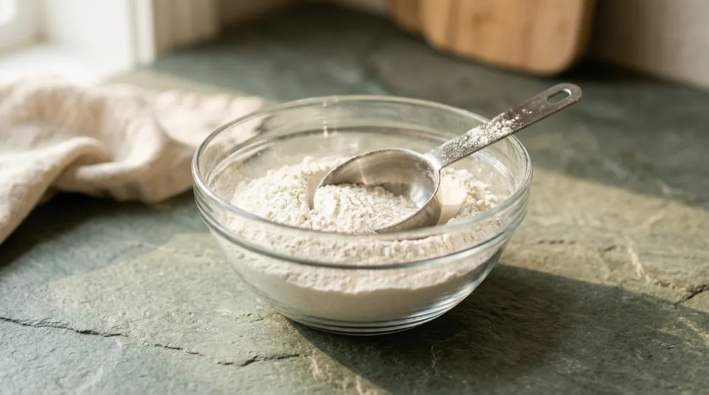 Polvo blanco en un bol de cristal con cacito dosificador