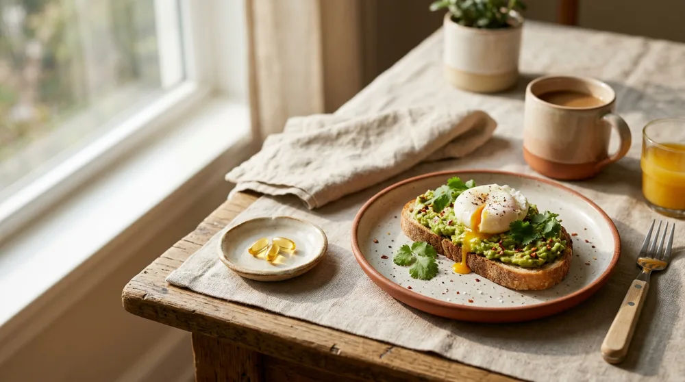 Desayuno con tostada de aguacate, huevos y dos cápsulas de omega 3