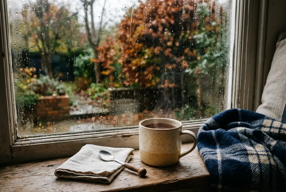 Taza de bebida caliente en la ventana con lluvia