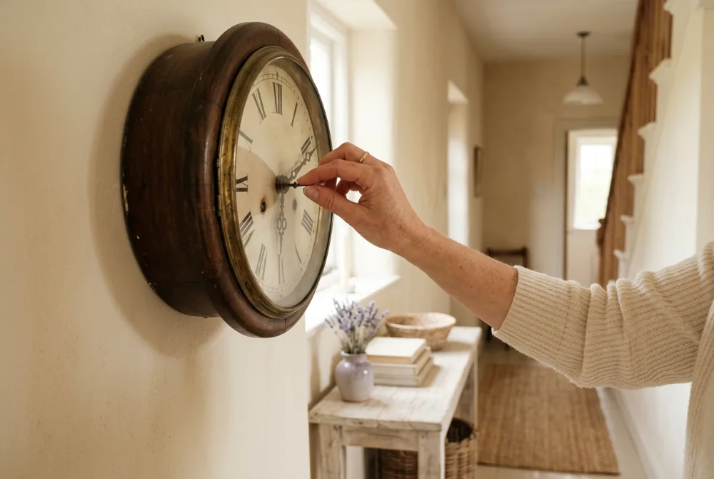 Mano ajustando un reloj de pared