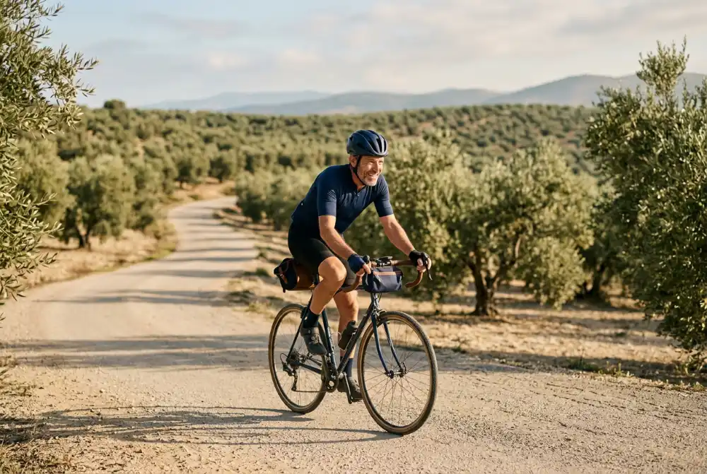 Hombre de más de 50 en bicicleta por un camino entre olivos