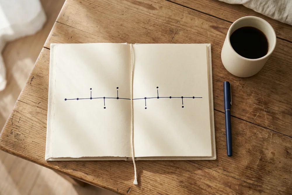 Cuaderno con una línea de tiempo dibujada, bolígrafo y café