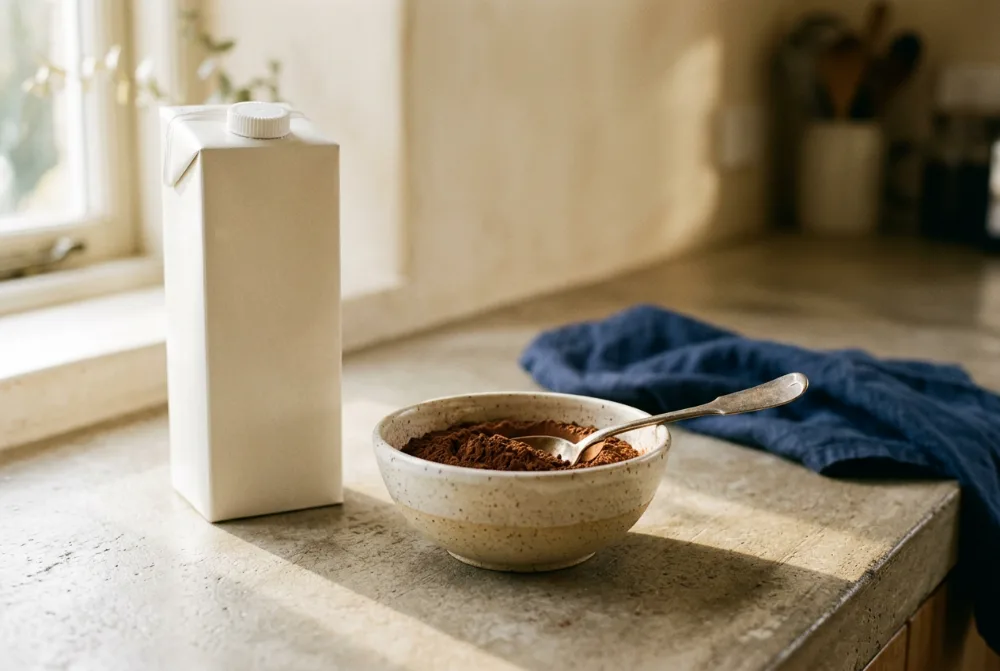 Bebida de avena, cacao en polvo y cuchara sobre la encimera
