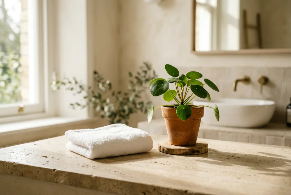 Baño luminoso por la mañana con una toalla doblada