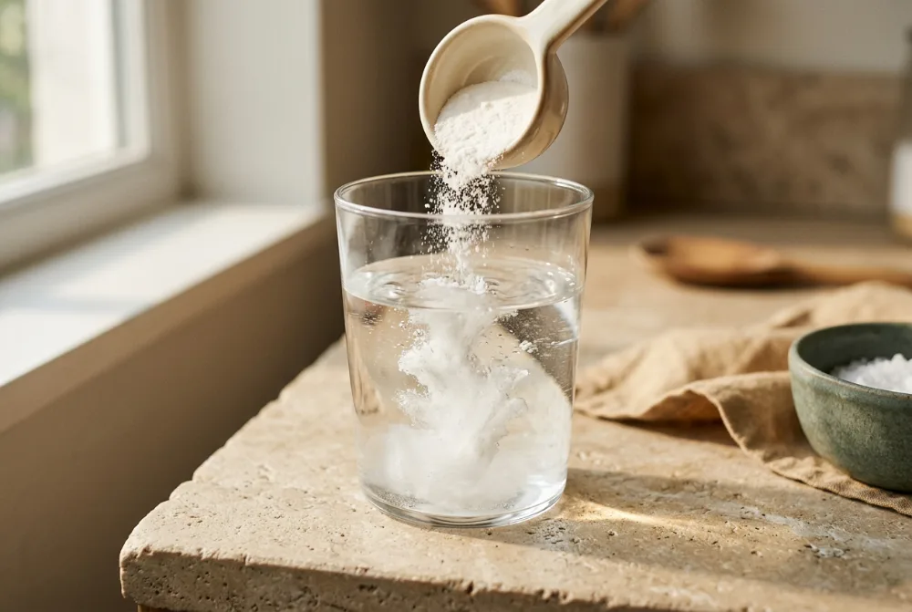 Cacito de polvo blanco disolviéndose en un vaso de agua