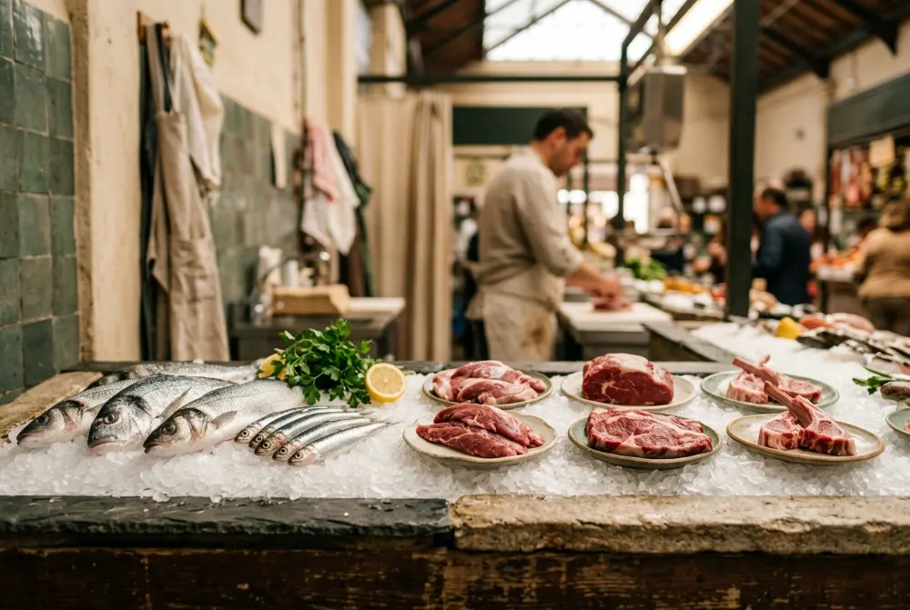 Pescado y carne frescos en un mostrador de mercado