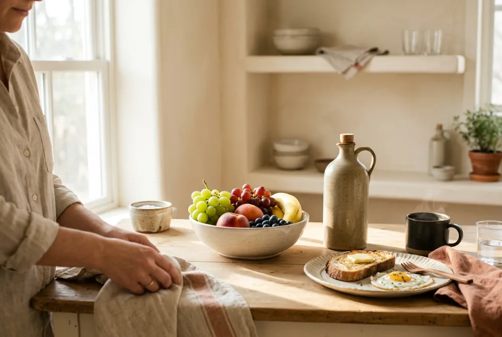 Luz de mañana sobre la encimera mientras se prepara el desayuno