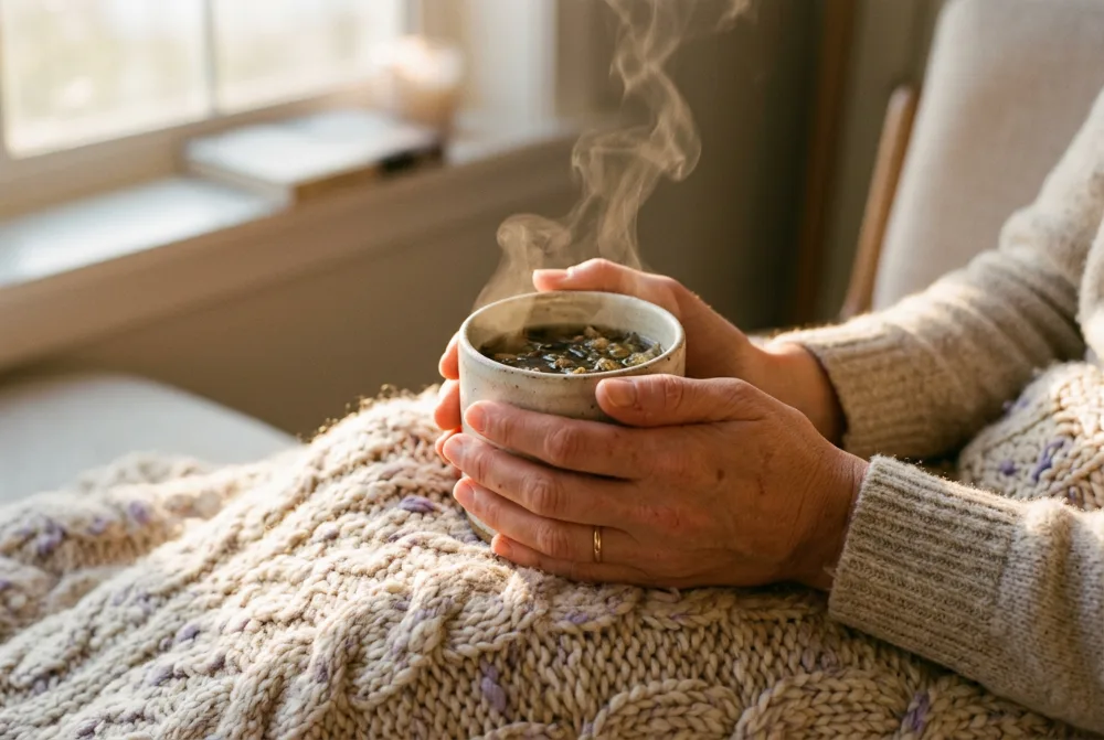 Manos sujetando una taza de infusión caliente sobre una manta