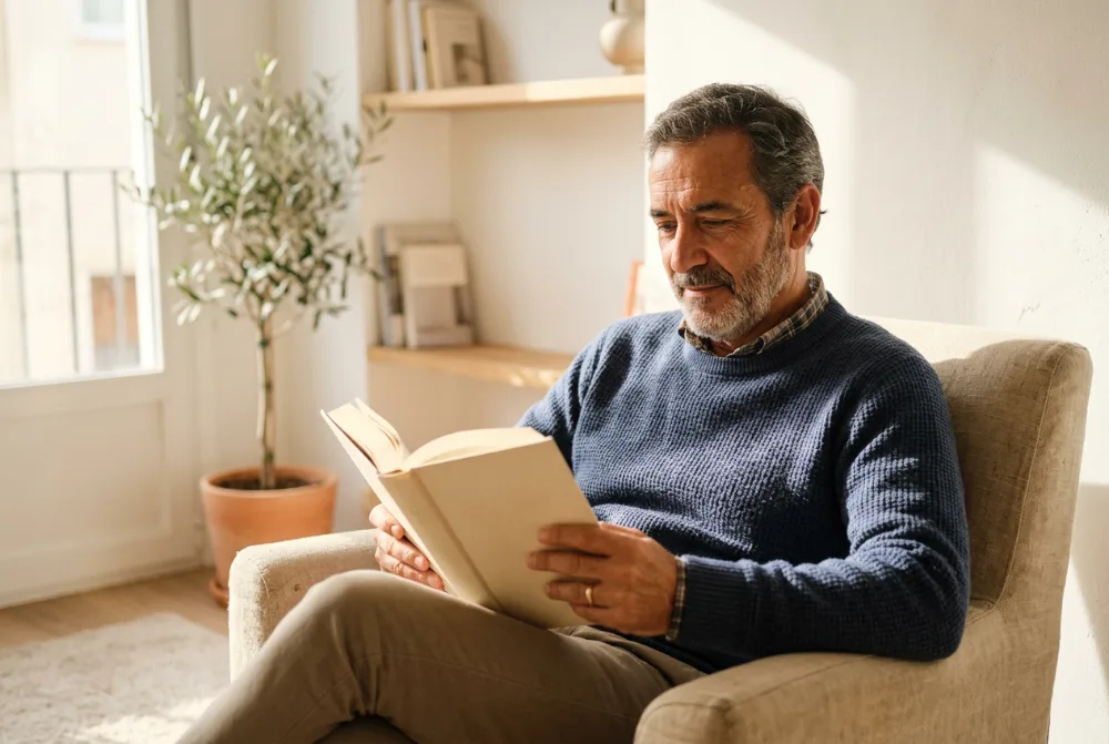 Hombre leyendo en un salón luminoso