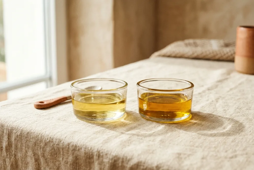 Dos platillos de cristal con aceite dorado para comparar