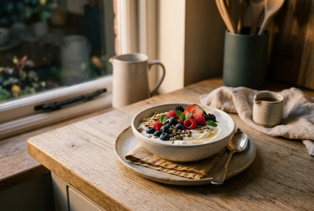 Bol de yogur con fruta en la encimera al amanecer