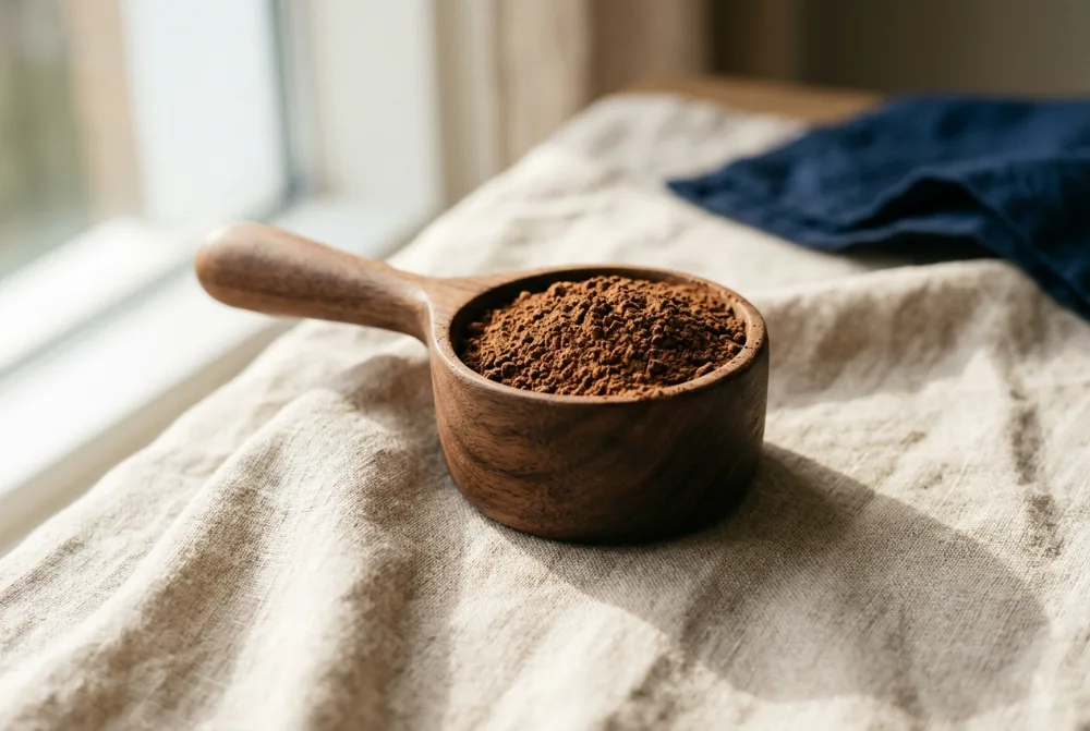 Cacito de madera con polvo de cacao sobre un paño de lino