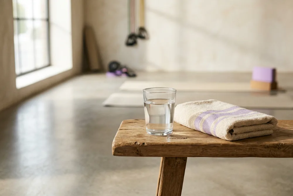 Vaso de agua y toalla sobre un banco de gimnasio