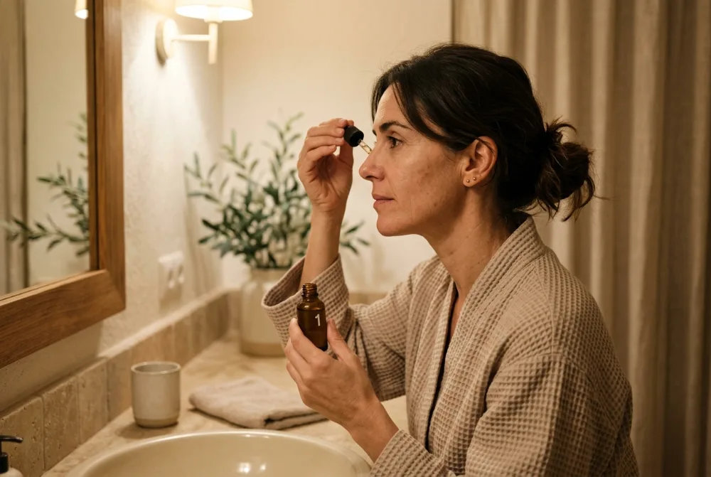 Mujer aplicándose sérum facial por la noche
