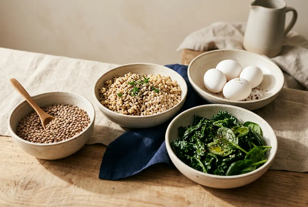 Alimentos con vitaminas del grupo B: cereales integrales, huevos, lentejas y verduras