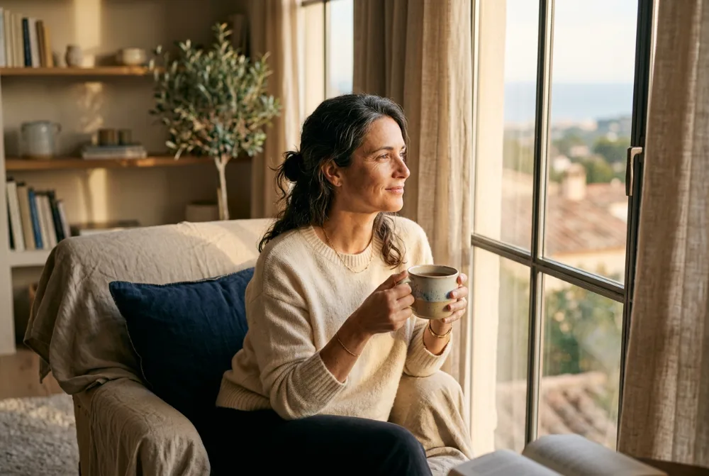 Mujer tomando una infusión junto a la ventana al atardecer