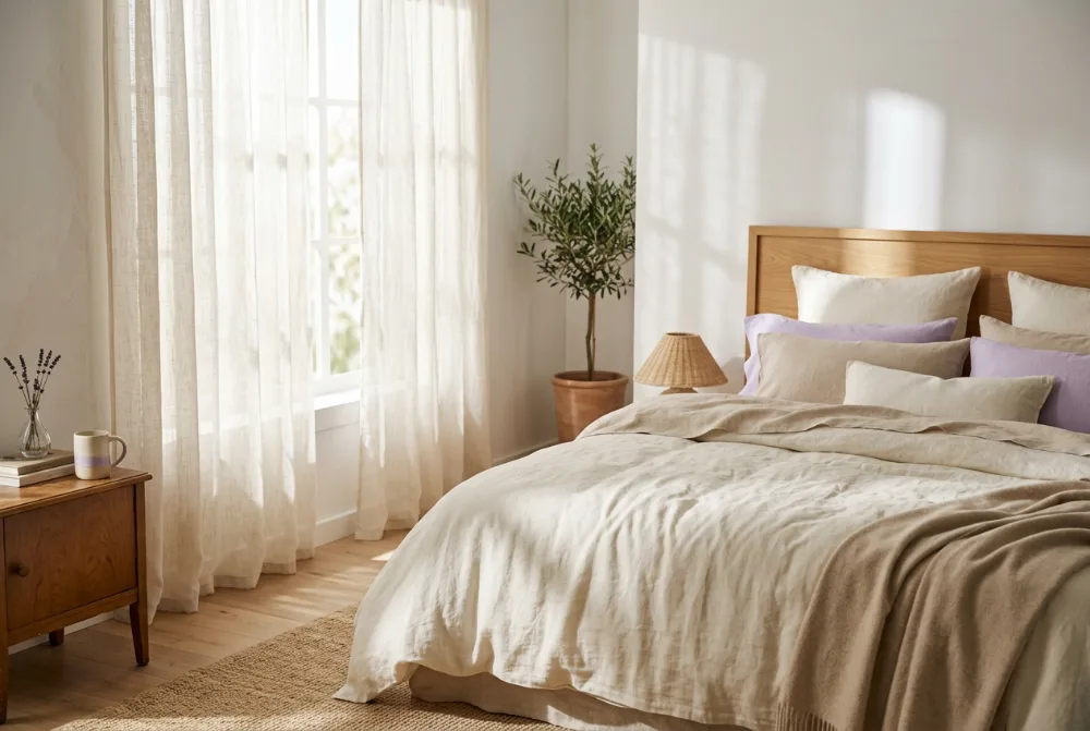 Luz de mañana a través de cortinas de lino