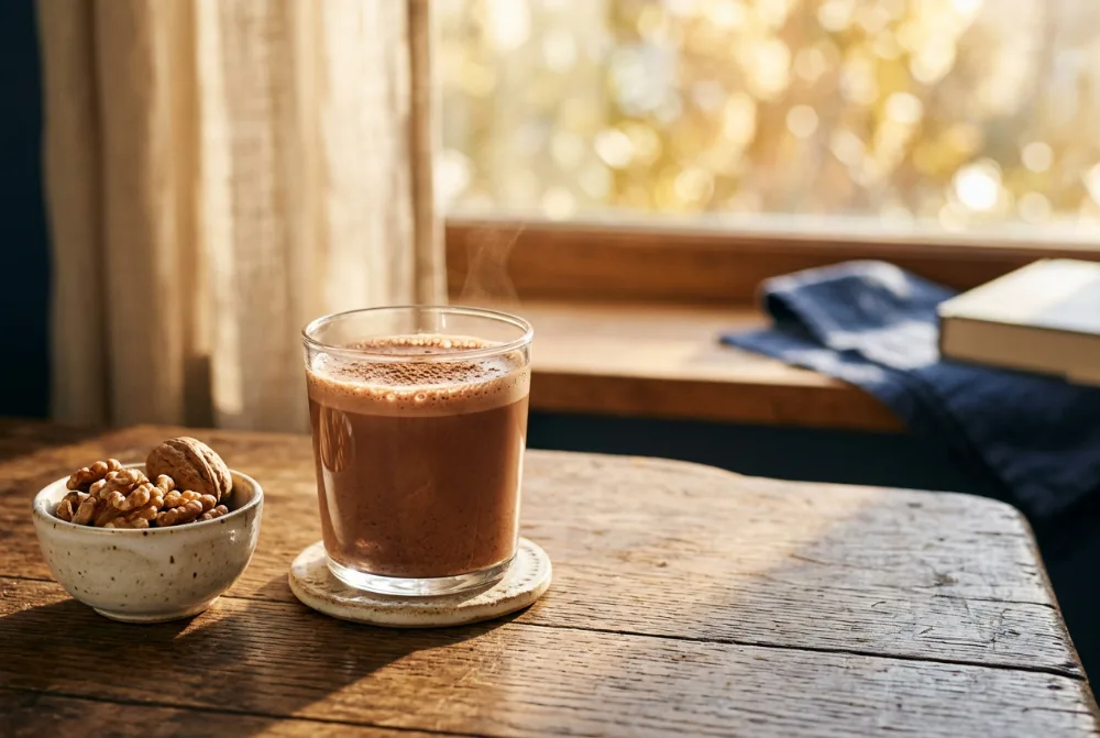 Bebida de cacao y nueces en una mesa con luz de mañana
