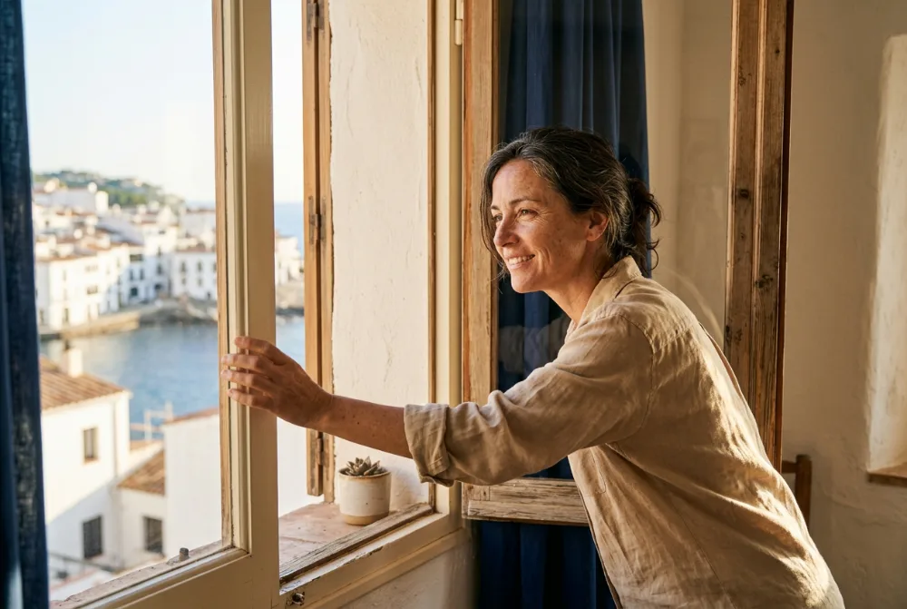 Mujer abriendo la ventana por la mañana