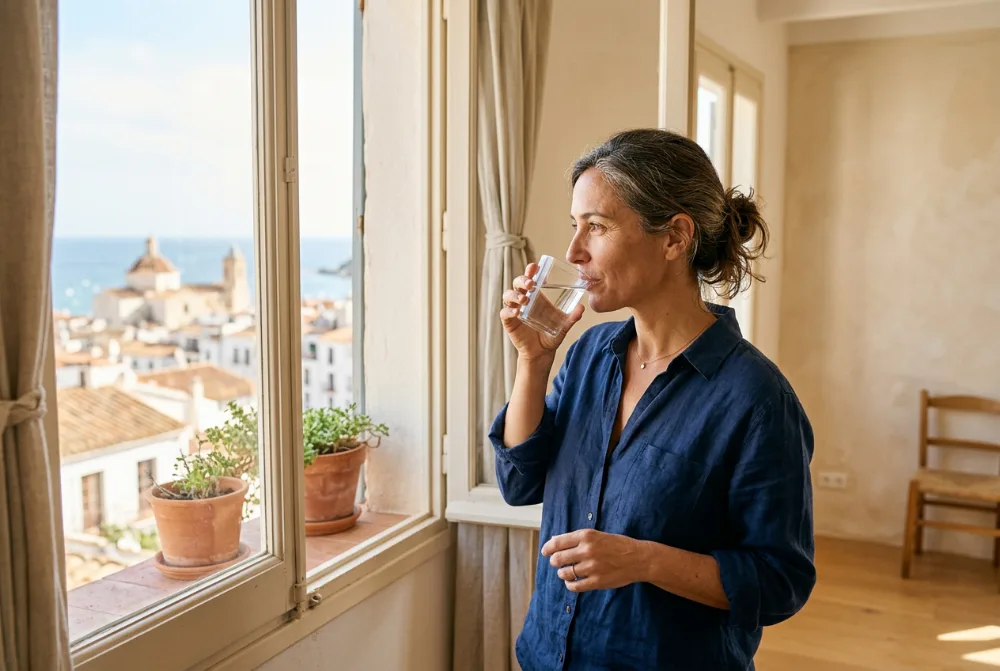 Mujer bebiendo un vaso junto a la ventana por la mañana