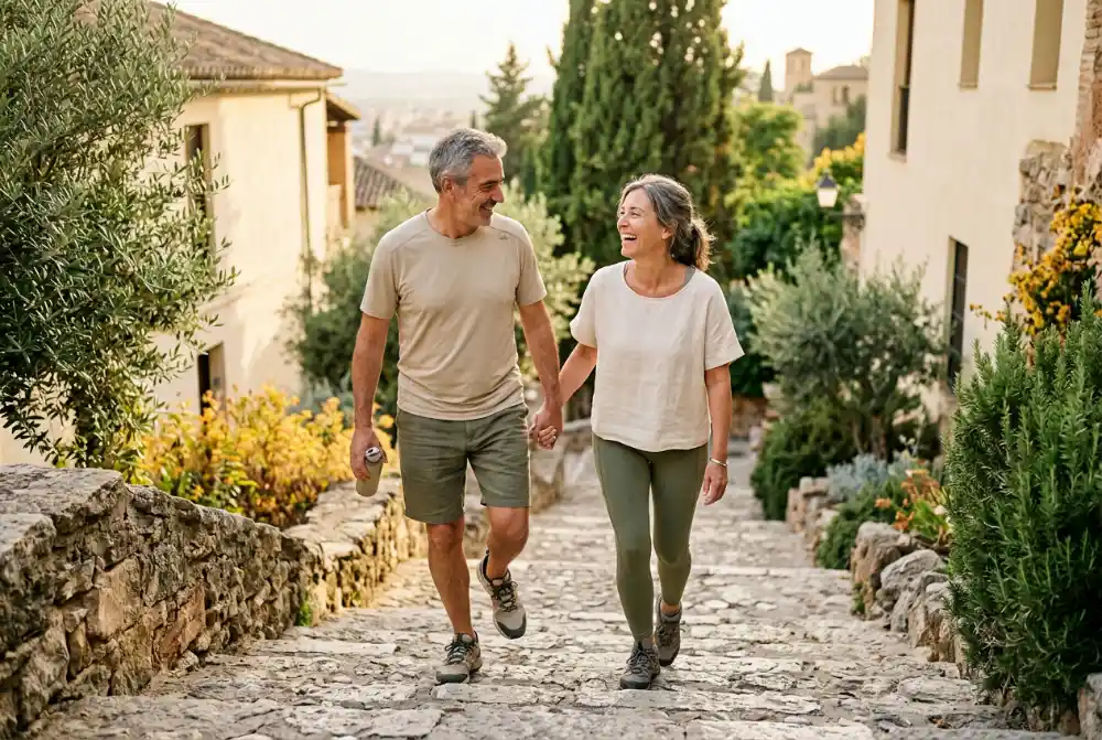 Pareja de más de 50 subiendo escaleras en un parque