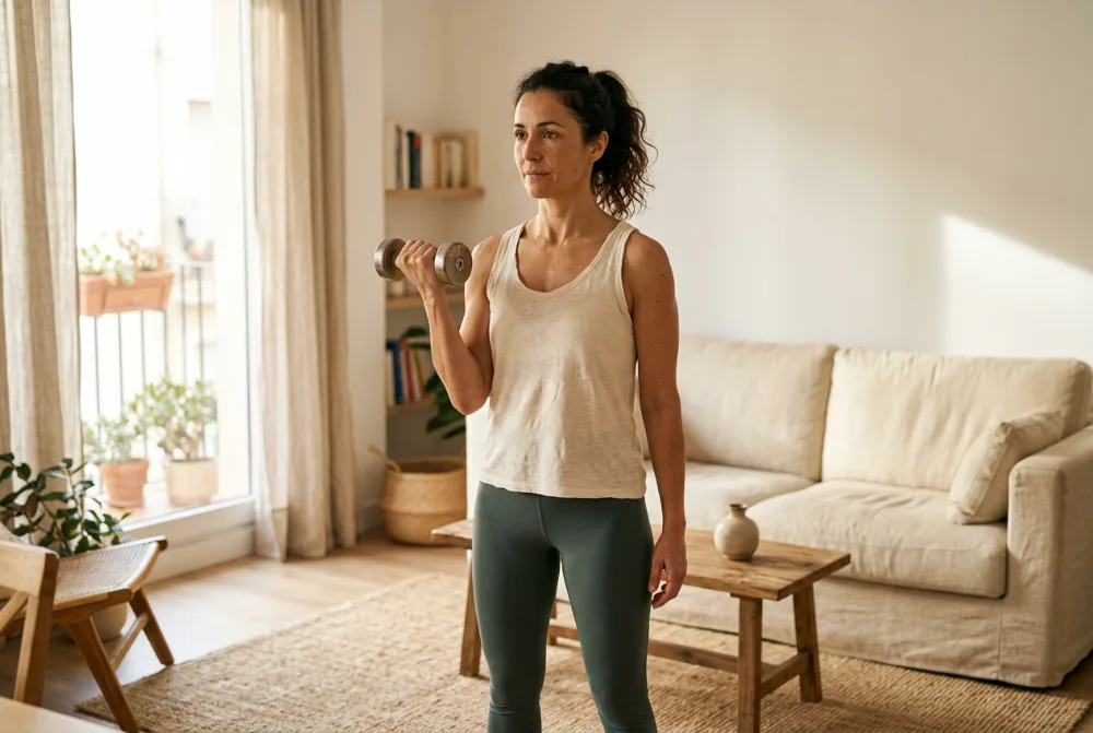 Mujer entrenando con una mancuerna ligera en casa
