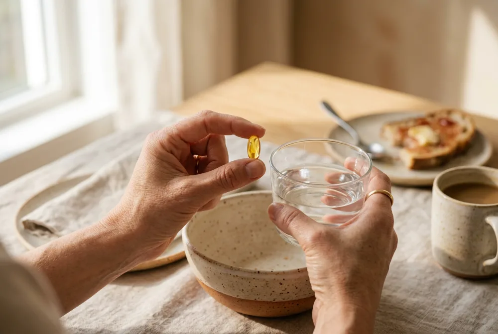 Mano con una cápsula de omega 3 y un vaso de agua