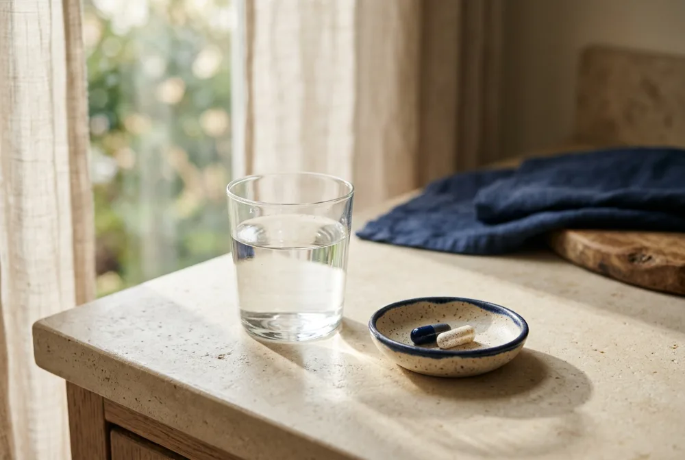 Vaso de agua y platillo con dos cápsulas en la encimera por la mañana