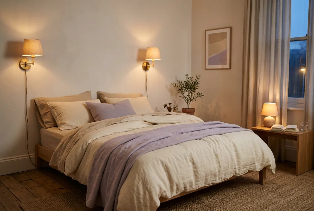 Dormitorio con ropa de cama de lino y luz tenue