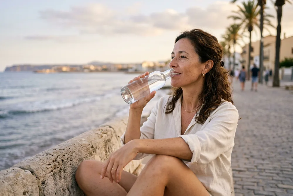 Mujer bebiendo agua después de caminar