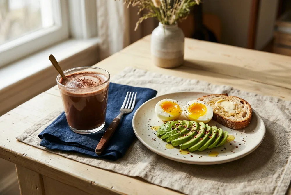Bebida de cacao junto a un plato de desayuno con aguacate y huevos