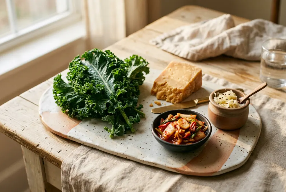 Kale, queso curado y fermentados sobre una tabla de cerámica