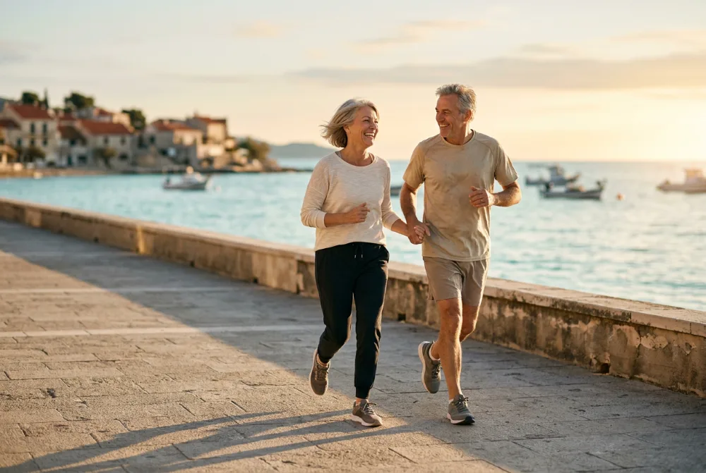 Pareja corriendo junto al mar al amanecer