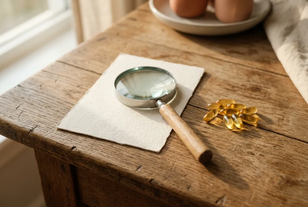 Lupa sobre una tarjeta junto a cápsulas de omega 3