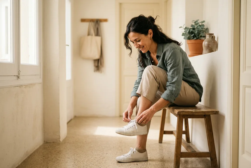 Mujer atándose las zapatillas en el recibidor
