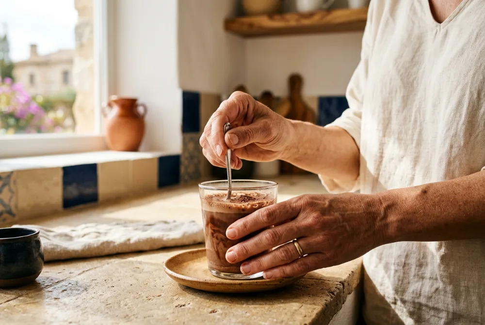 Manos removiendo un vaso de bebida de cacao en la encimera de la cocina