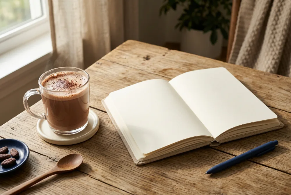 Vaso de bebida de cacao junto a una agenda abierta en el escritorio