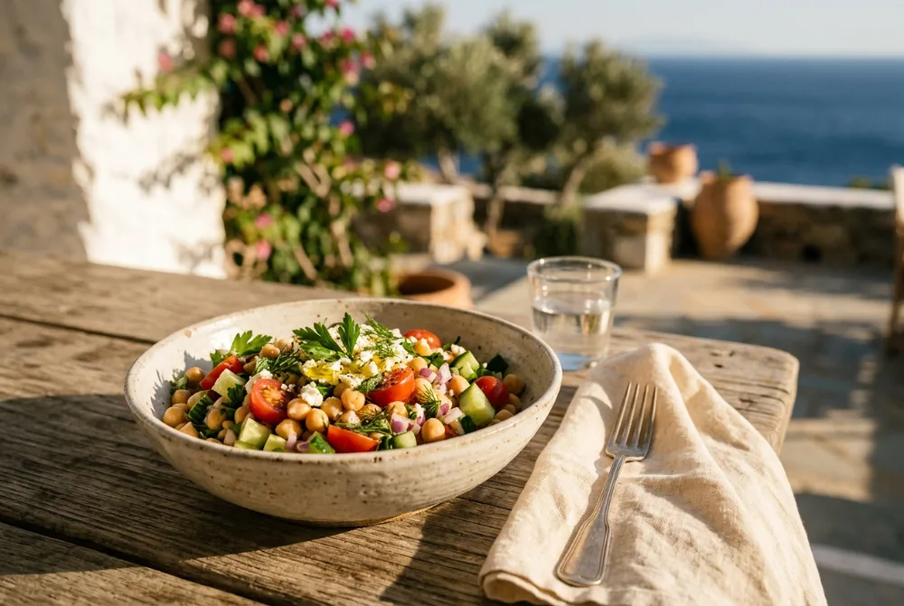 Ensalada de garbanzos en una mesa de terraza