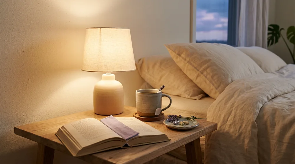 Mesita de noche con lámpara, infusión, libro y cápsulas