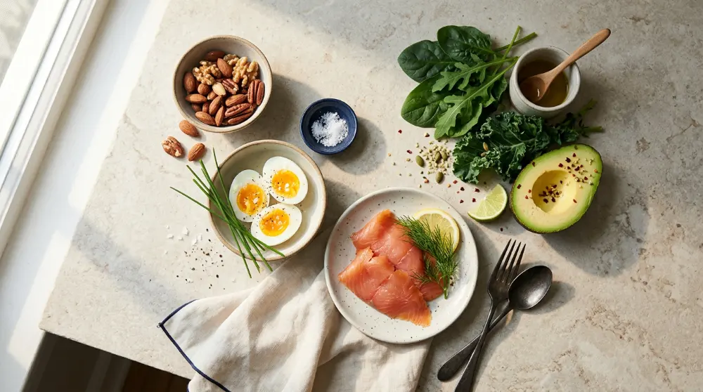Alimentos keto: aguacate, huevos, salmón, frutos secos y verduras de hoja
