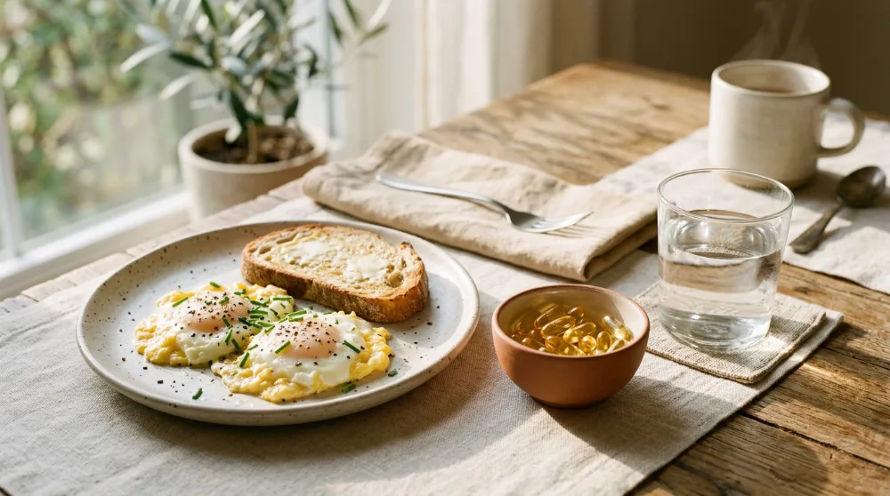Mesa de desayuno con huevos, cápsulas de omega 3 y un vaso de agua