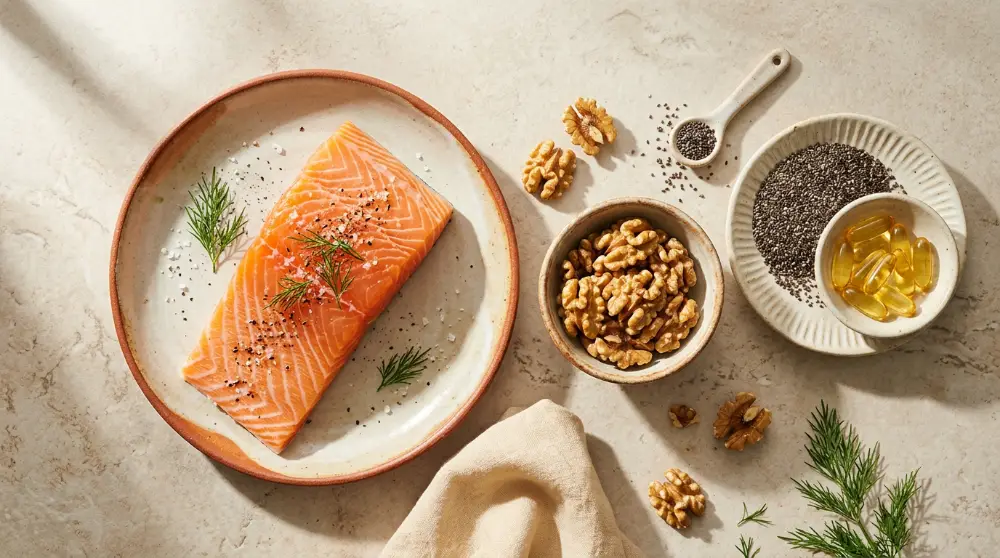 Salmón, nueces, semillas de chía y cápsulas de omega 3