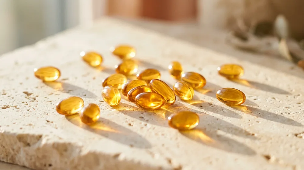 Cápsulas blandas de omega 3 doradas sobre piedra clara