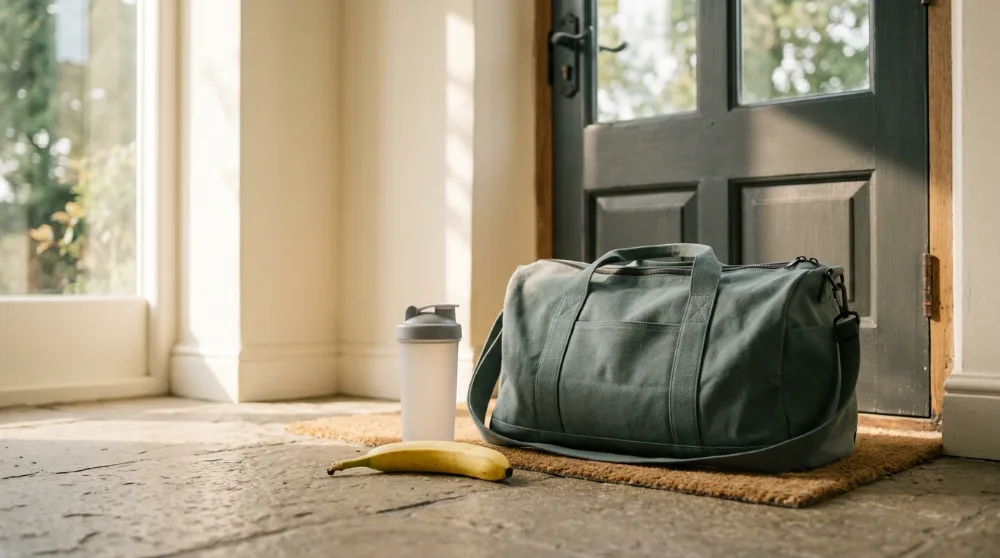 Bolsa de deporte junto a la puerta con un plátano y un shaker