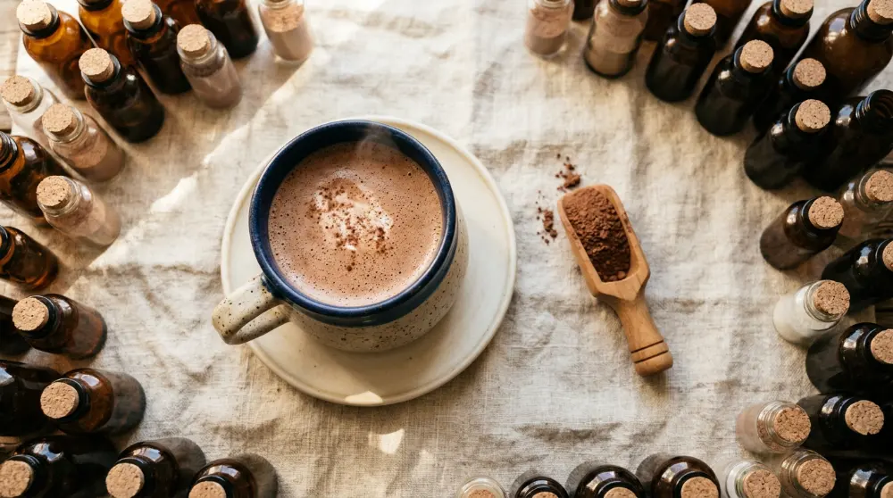 Taza de bebida de cacao junto a un cacito de polvo y botes de complementos apartados